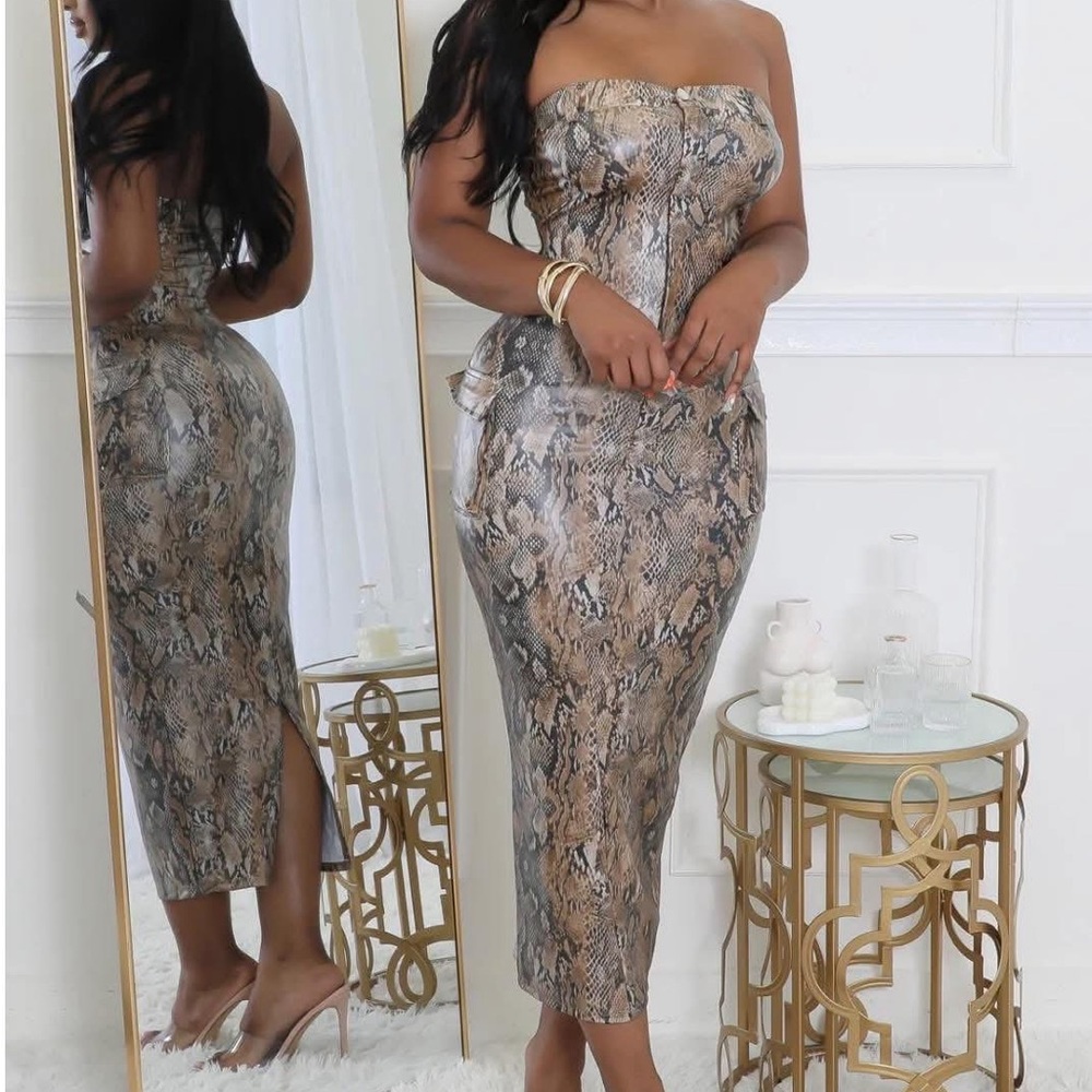 Snake Print Strapless Dress